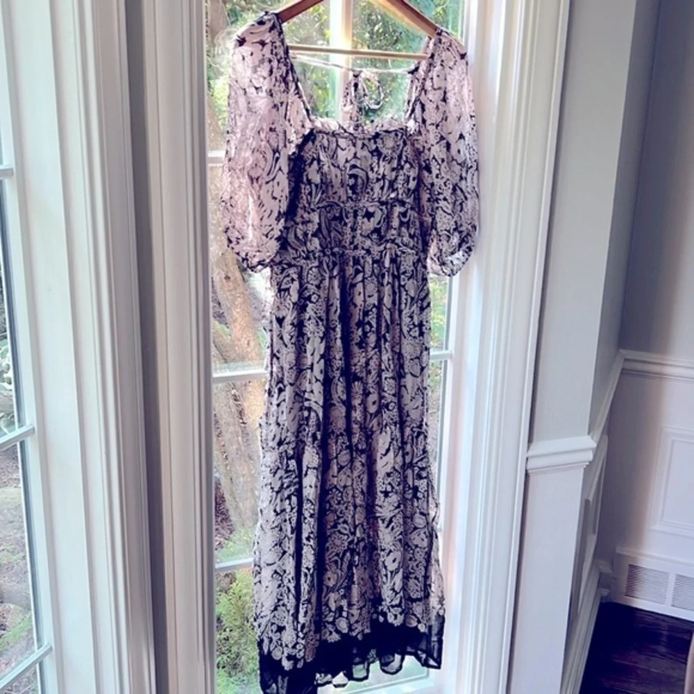 Anthropologie Long floral Dress puff sleeve tie back XS - Picture 1 of 12